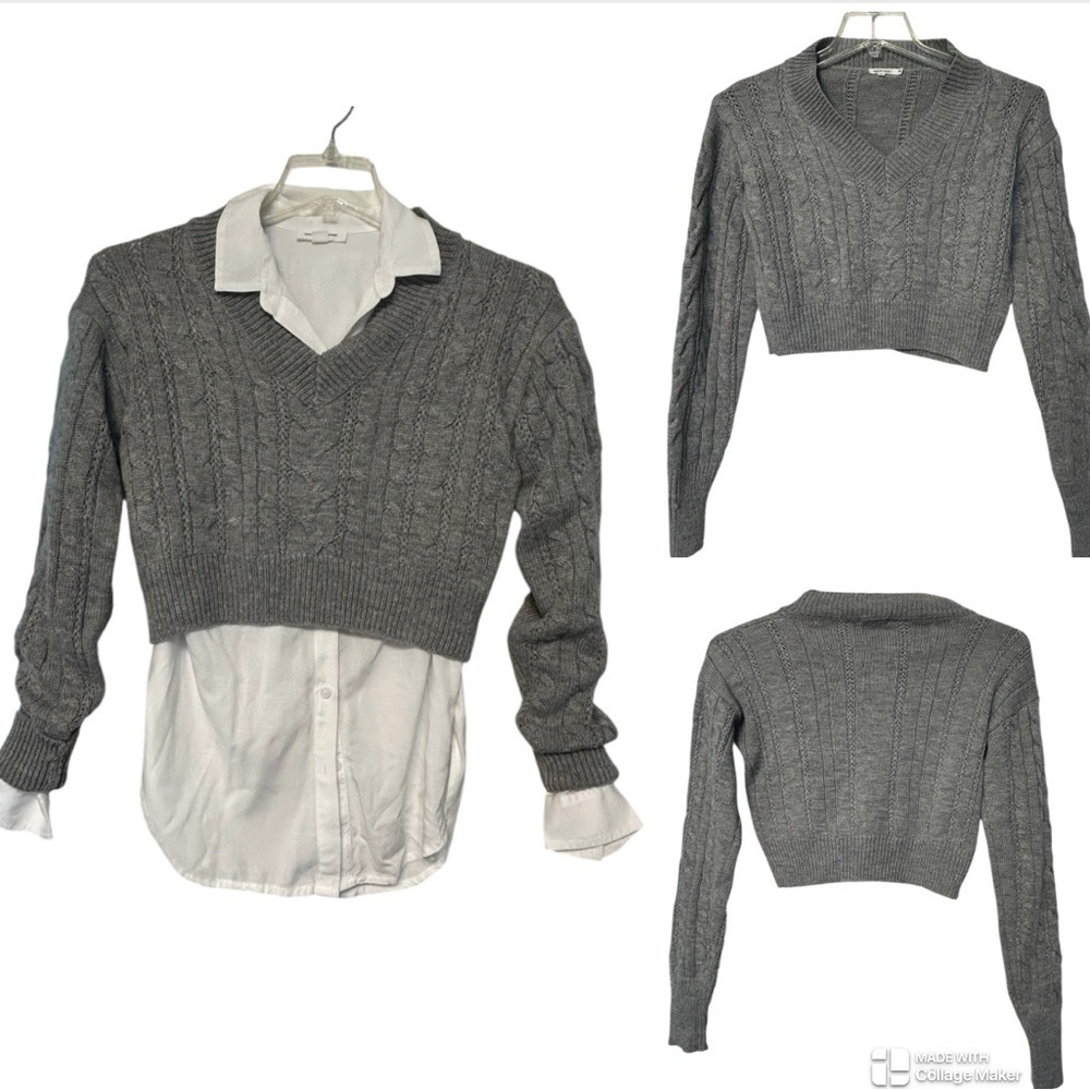 Immodel Gray Cable Knit cropped V-Neck Sweater